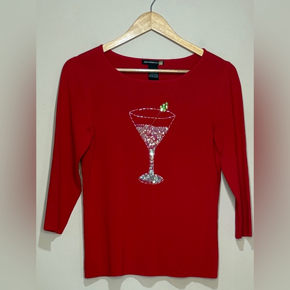 Sweaterworks Red Long Sleeve Top with Embellished Glass